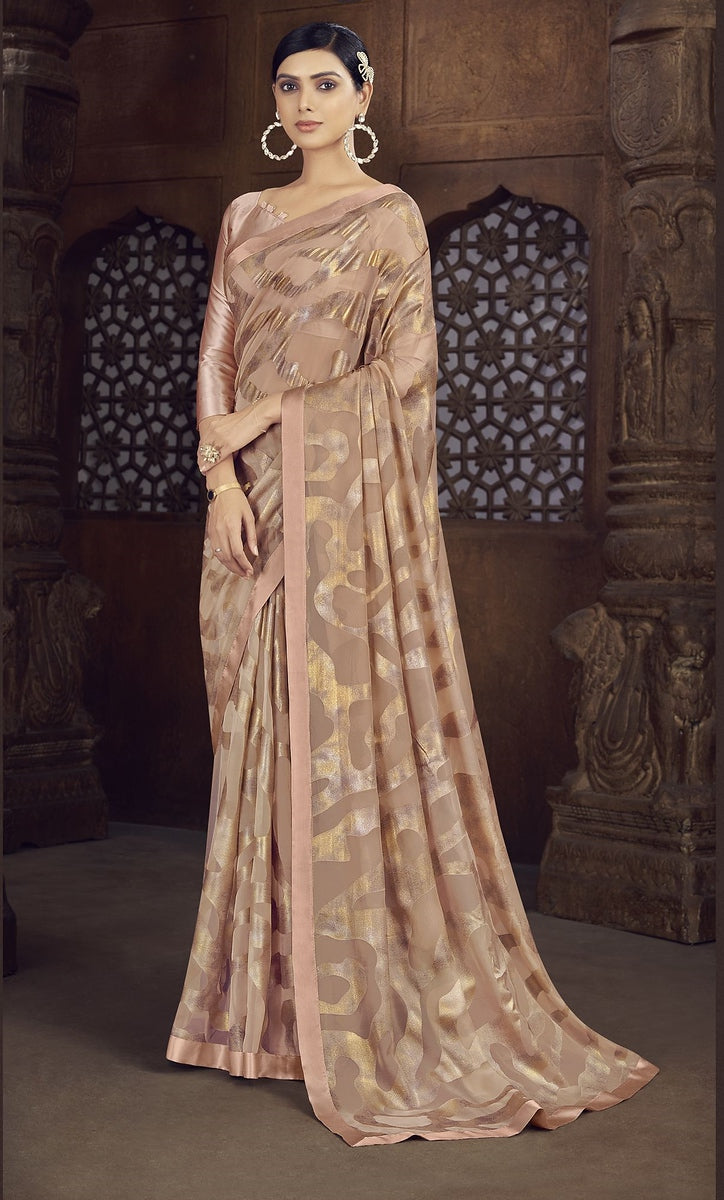 Nude Color Brasso Foil Print Saree - Shanvi  Collection YF#23015