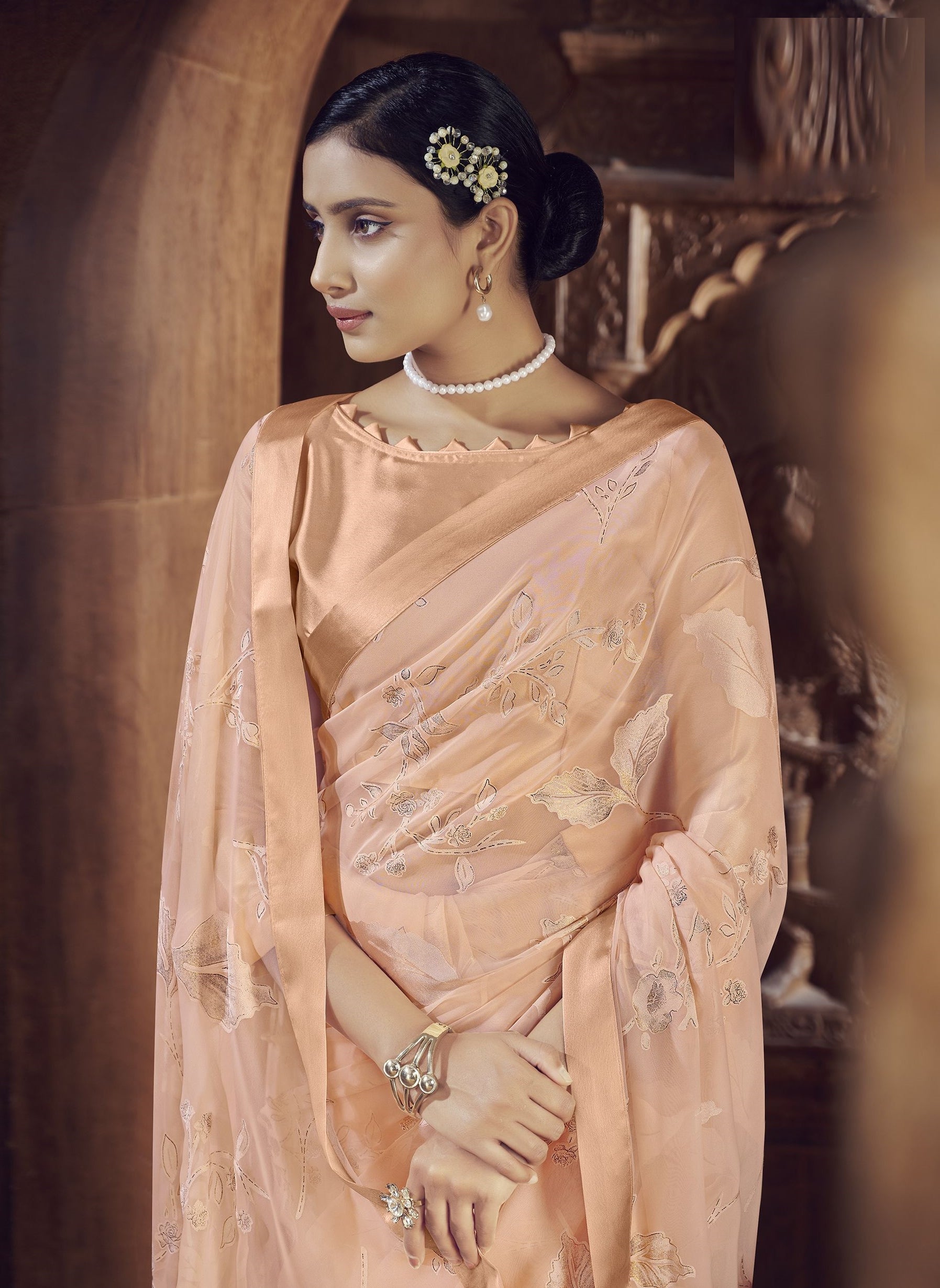 Peach Color Brasso Foil Print Saree - Shanvi  Collection YF#23019