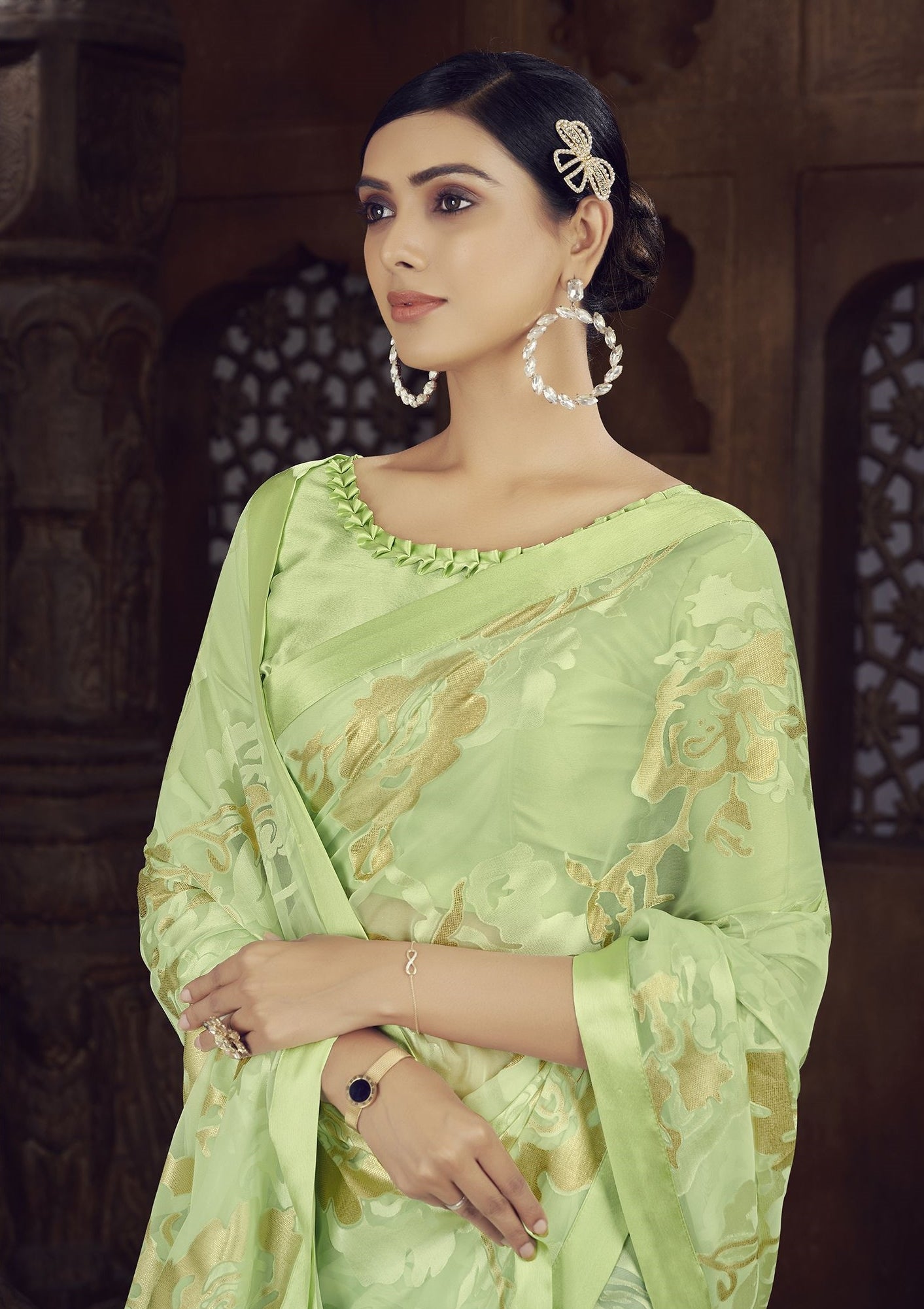 Green Color Brasso Foil Print Saree - Shanvi  Collection YF#23020