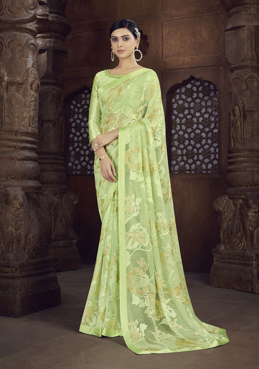 Green Color Brasso Foil Print Saree - Shanvi  Collection YF#23020