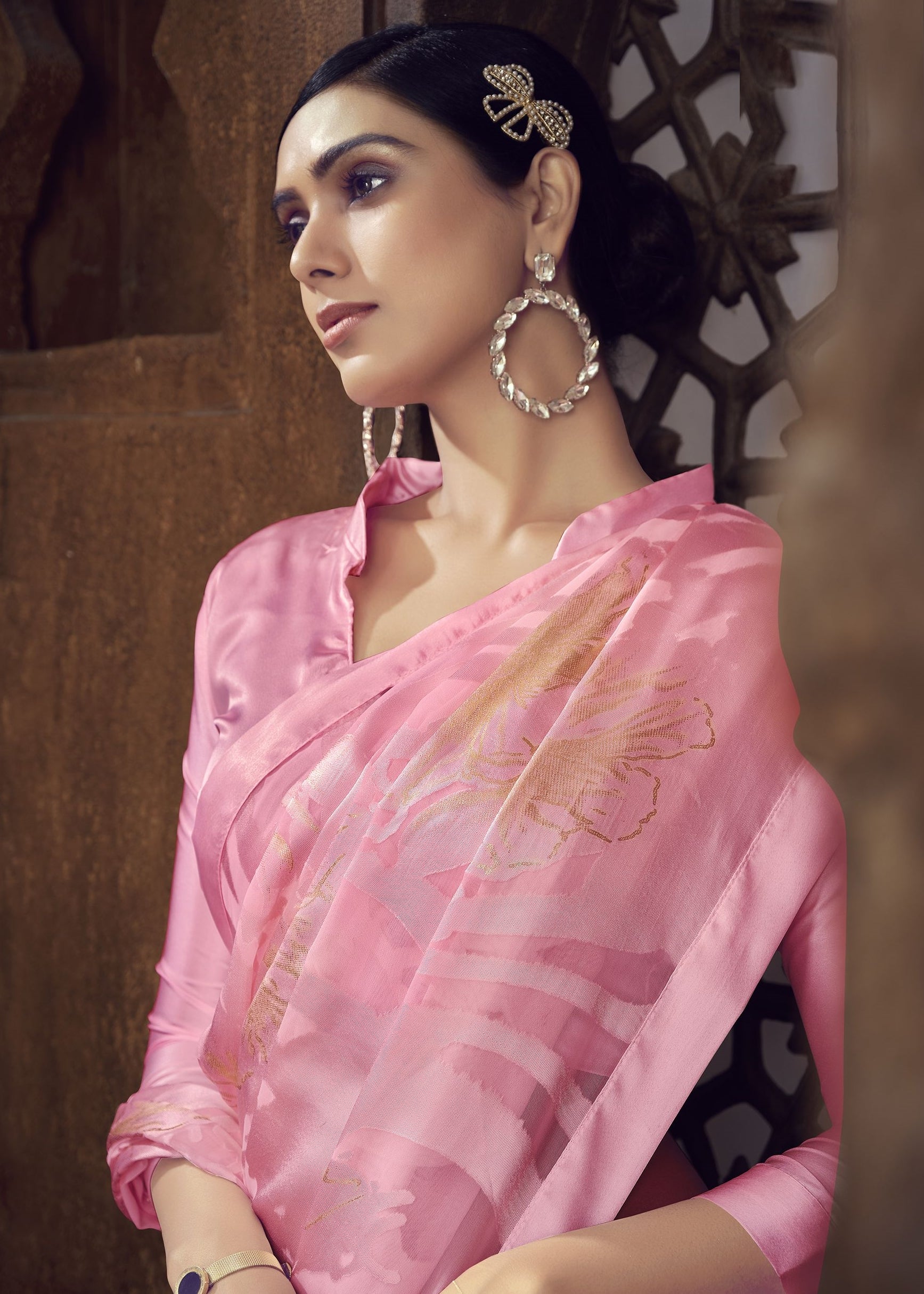 Pink Color Brasso Foil Print Saree - Shanvi  Collection YF#23021