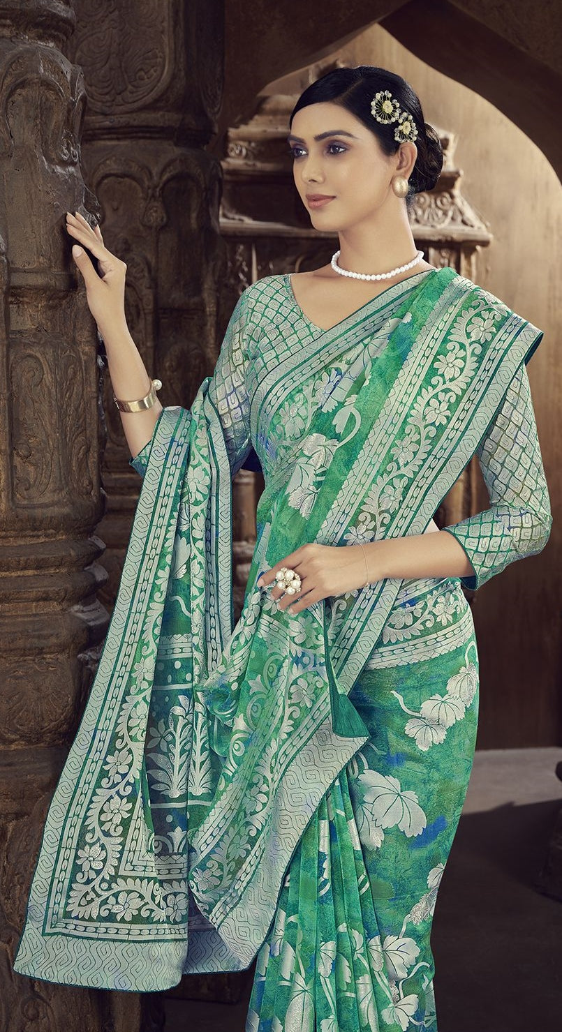 Green Color Brasso Foil Print Saree - Shanvi  Collection YF#23024