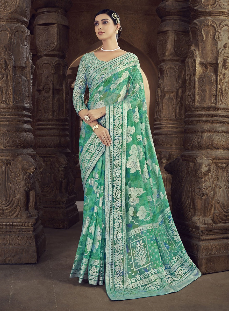 Green Color Brasso Foil Print Saree - Shanvi  Collection YF#23024