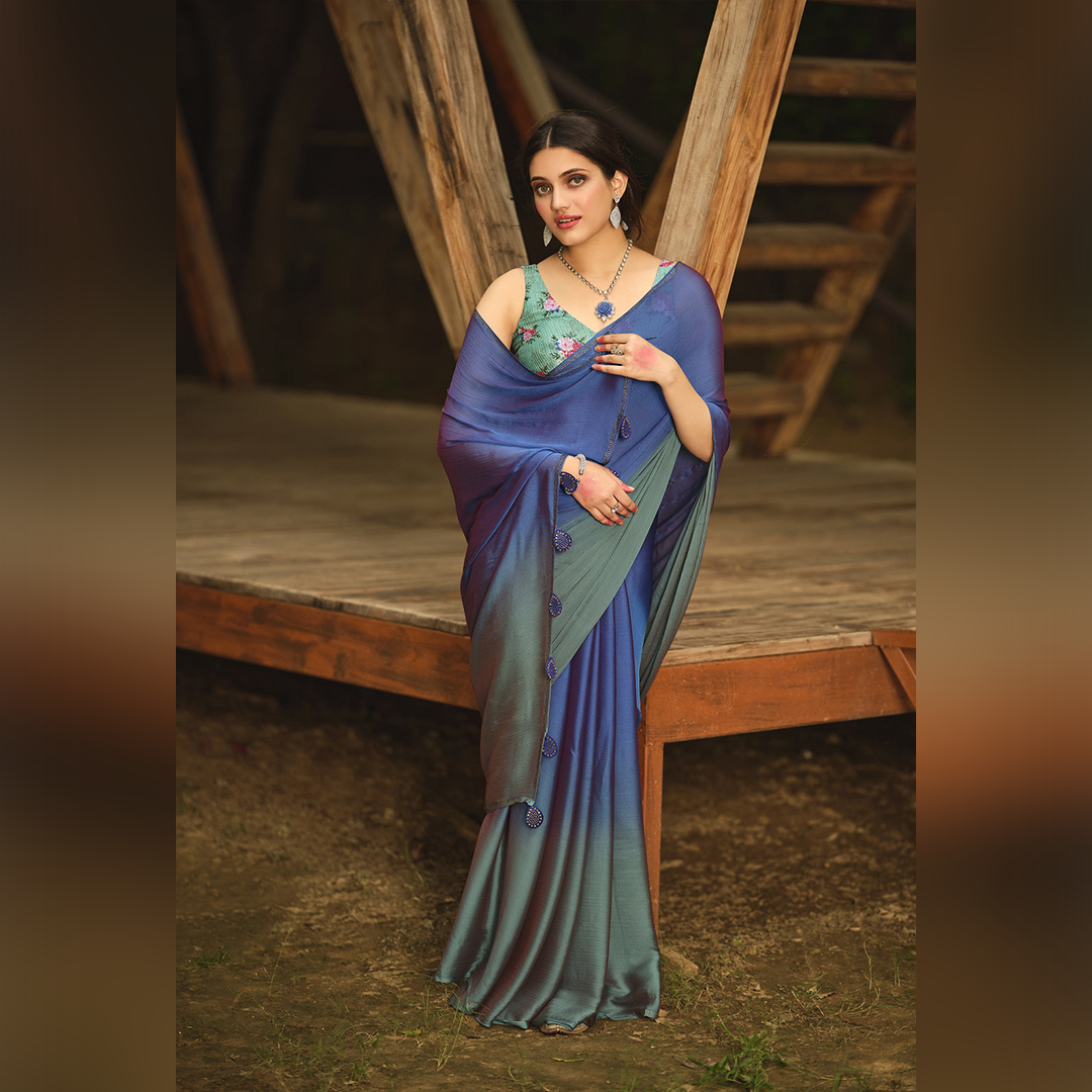 Ink Blue and Sage Green Color Velvet chiffon material Saree - Ellina Collection YF#18901