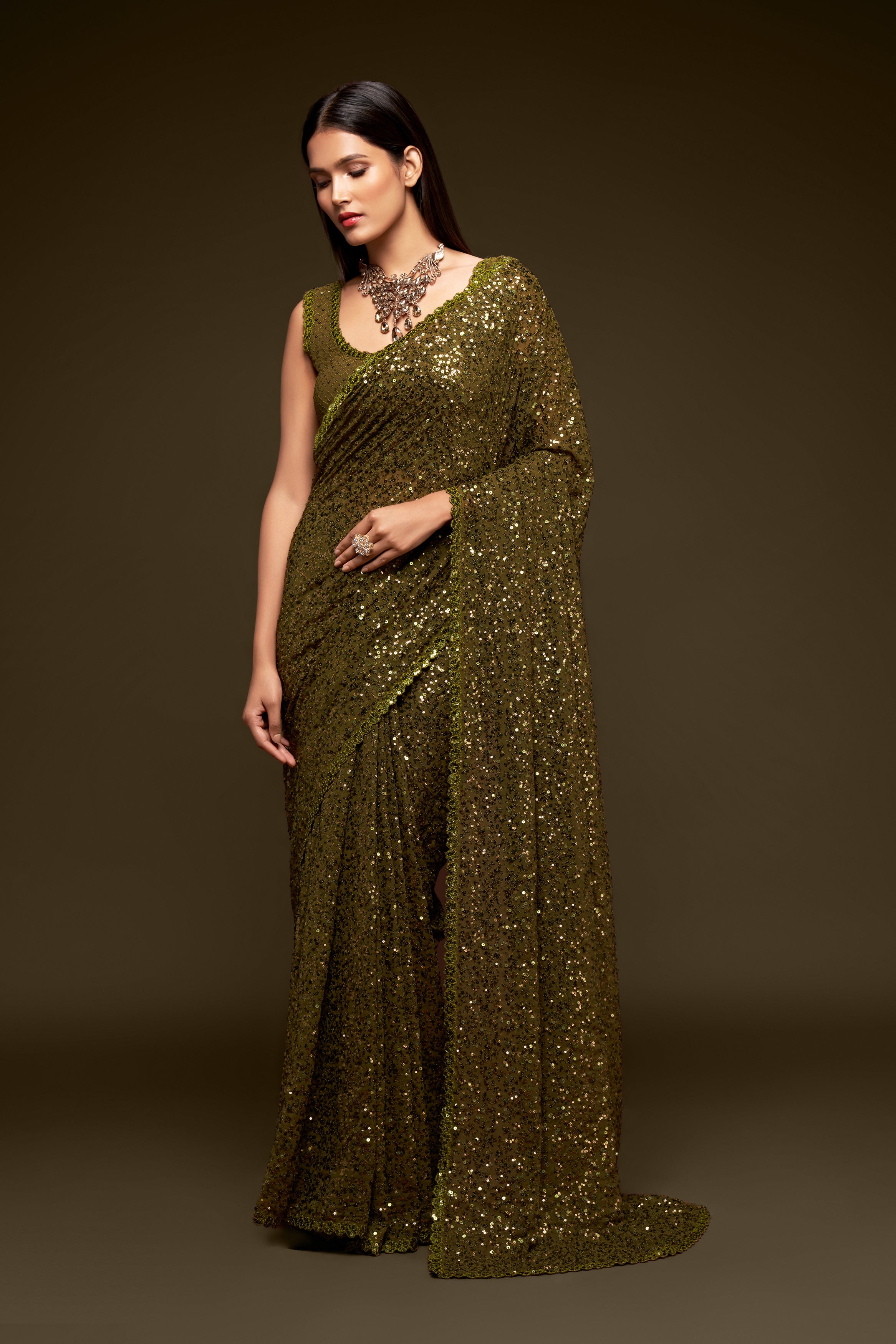 Mehendi Color Pure Georgette Sequin work Saree - Sakina  Collection YF#18727 - YellowFashion.in by Ozone Shield