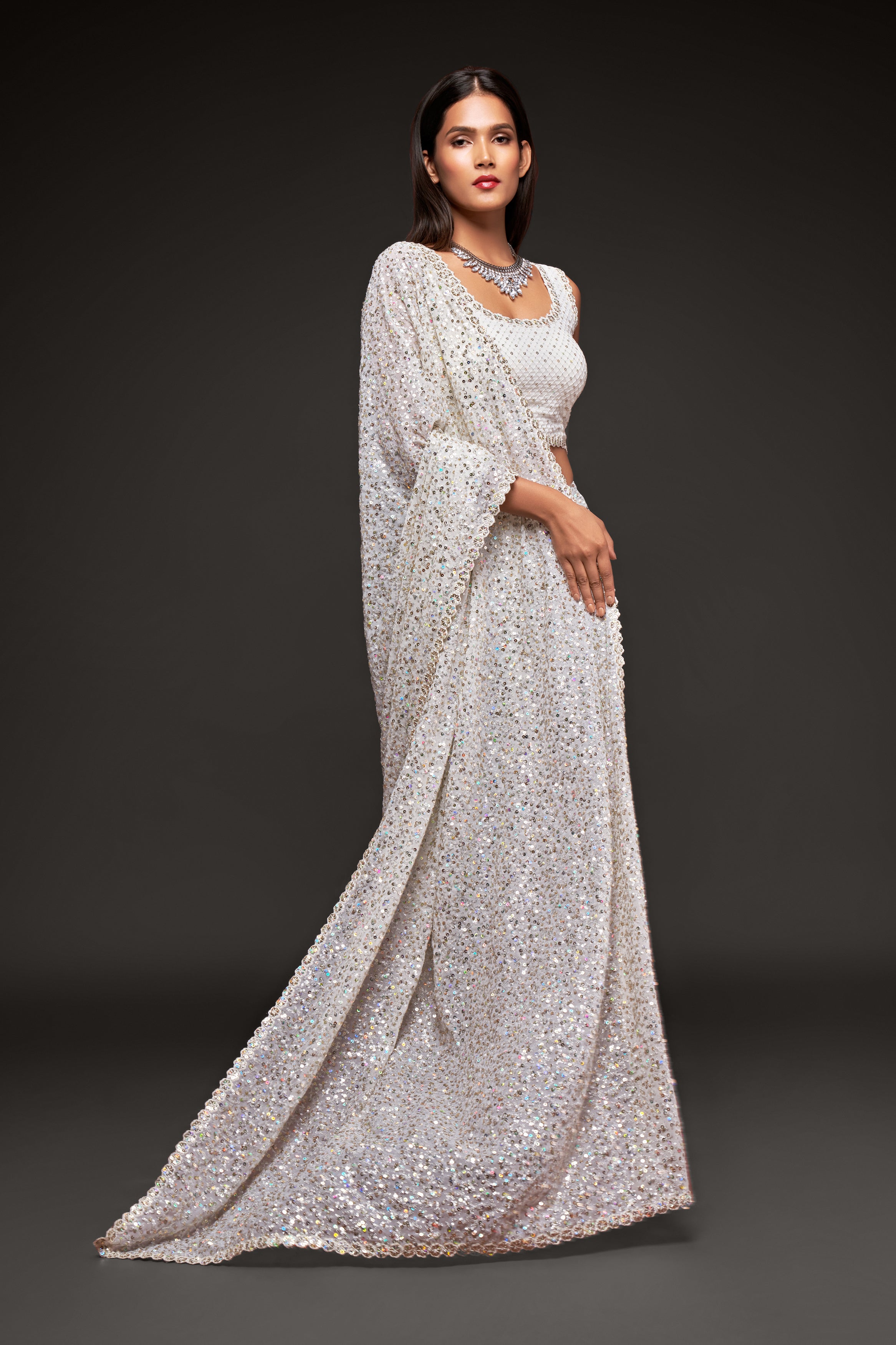 Pearl White Color Pure Georgette Sequin work Saree - Sakina  Collection YF#18729 - YellowFashion.in by Ozone Shield