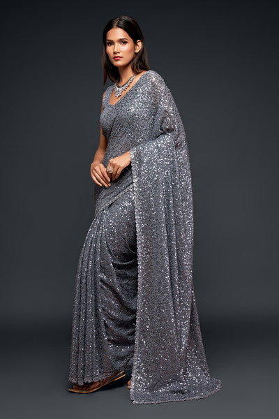 Grey Color Pure Georgette Sequin work Saree - Sakina  Collection YF#18730 - YellowFashion.in by Ozone Shield