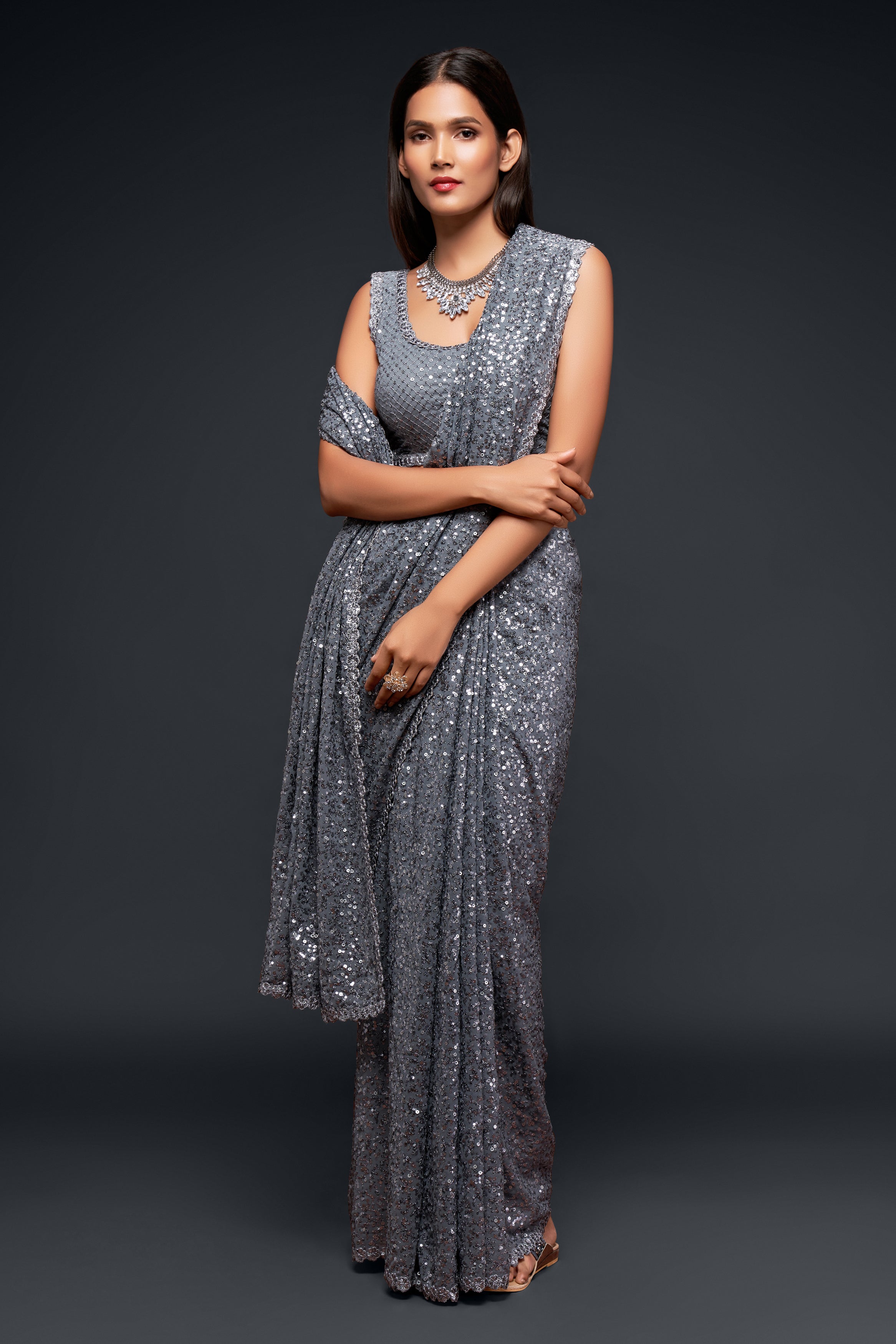Grey Color Pure Georgette Sequin work Saree - Sakina  Collection YF#18730 - YellowFashion.in by Ozone Shield