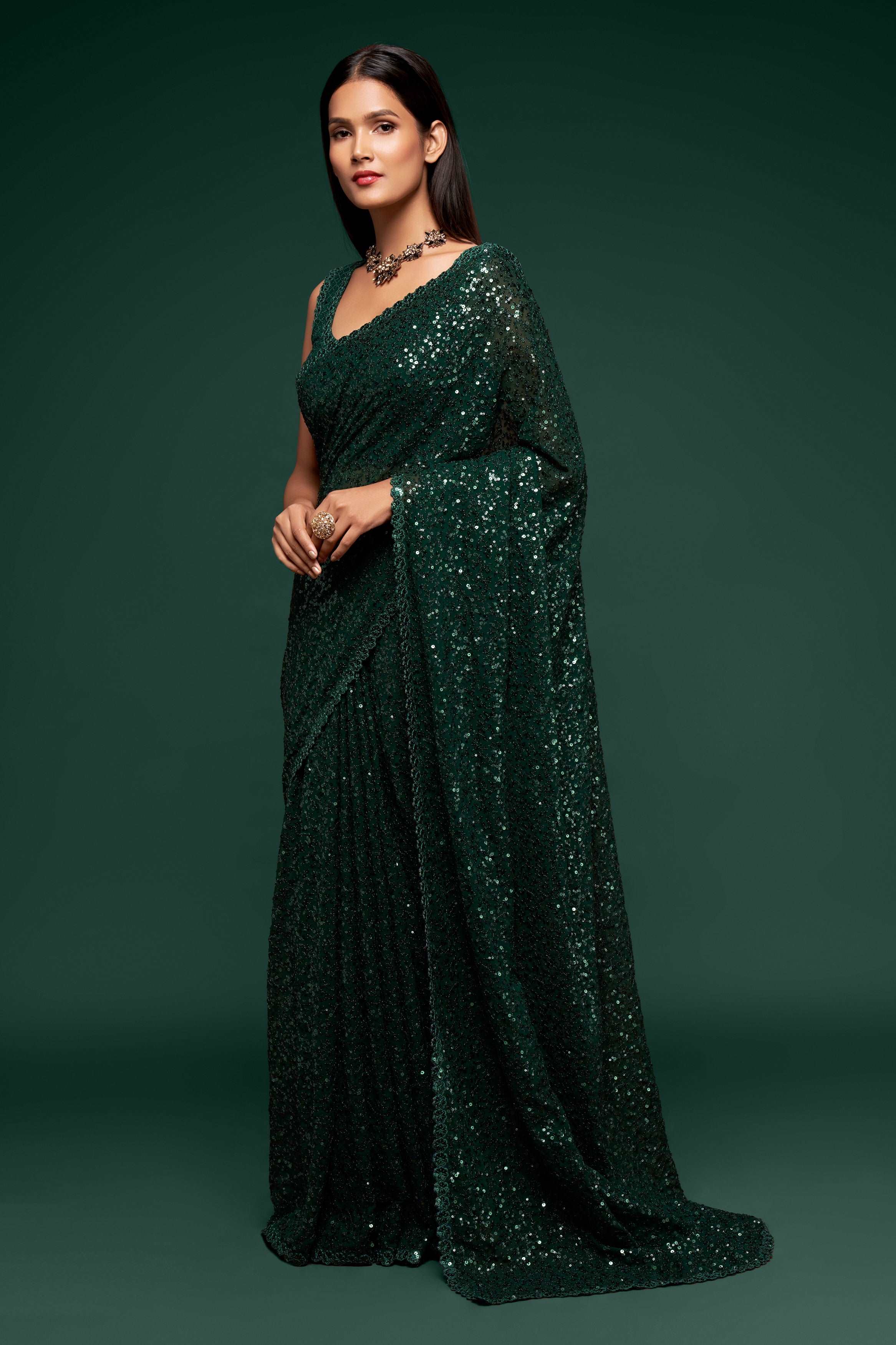 Bottle Green Color Pure Georgette Sequin work Saree - Sakina  Collection YF#18731
