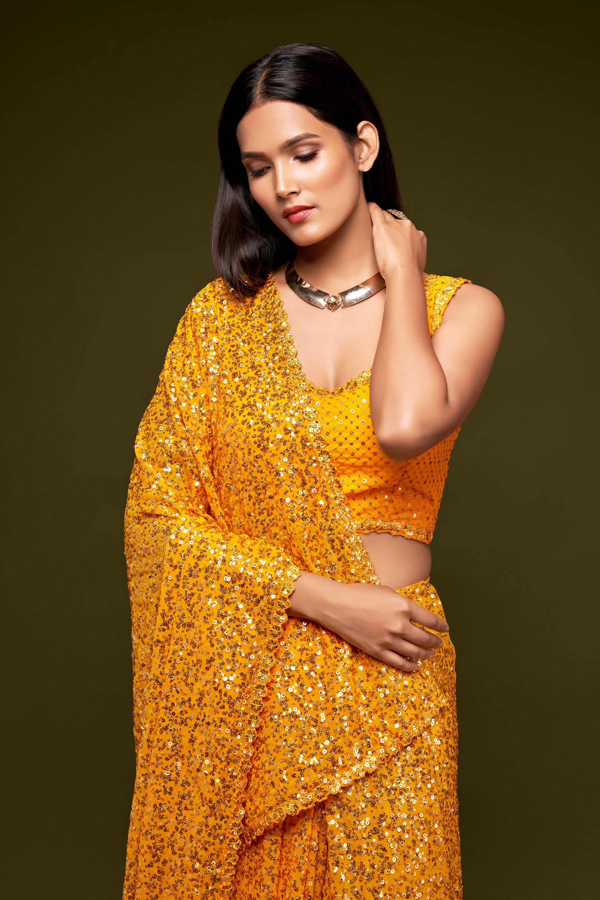 Mustard Yellow Color Pure Georgette Sequin work Saree - Sakina  Collection YF#18732 - YellowFashion.in by Ozone Shield