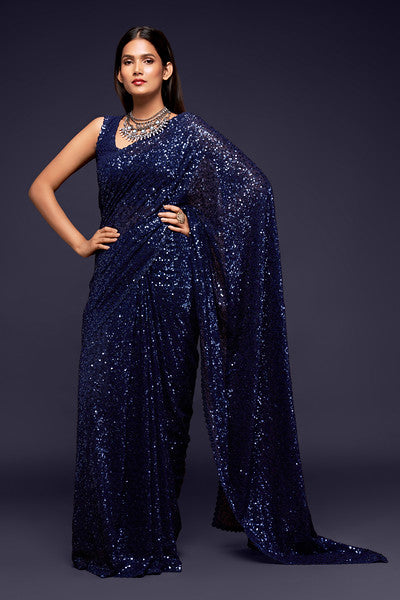 Navy Blue Color Pure Georgette Sequin work Saree - Sakina  Collection YF#18734 - YellowFashion.in by Ozone Shield
