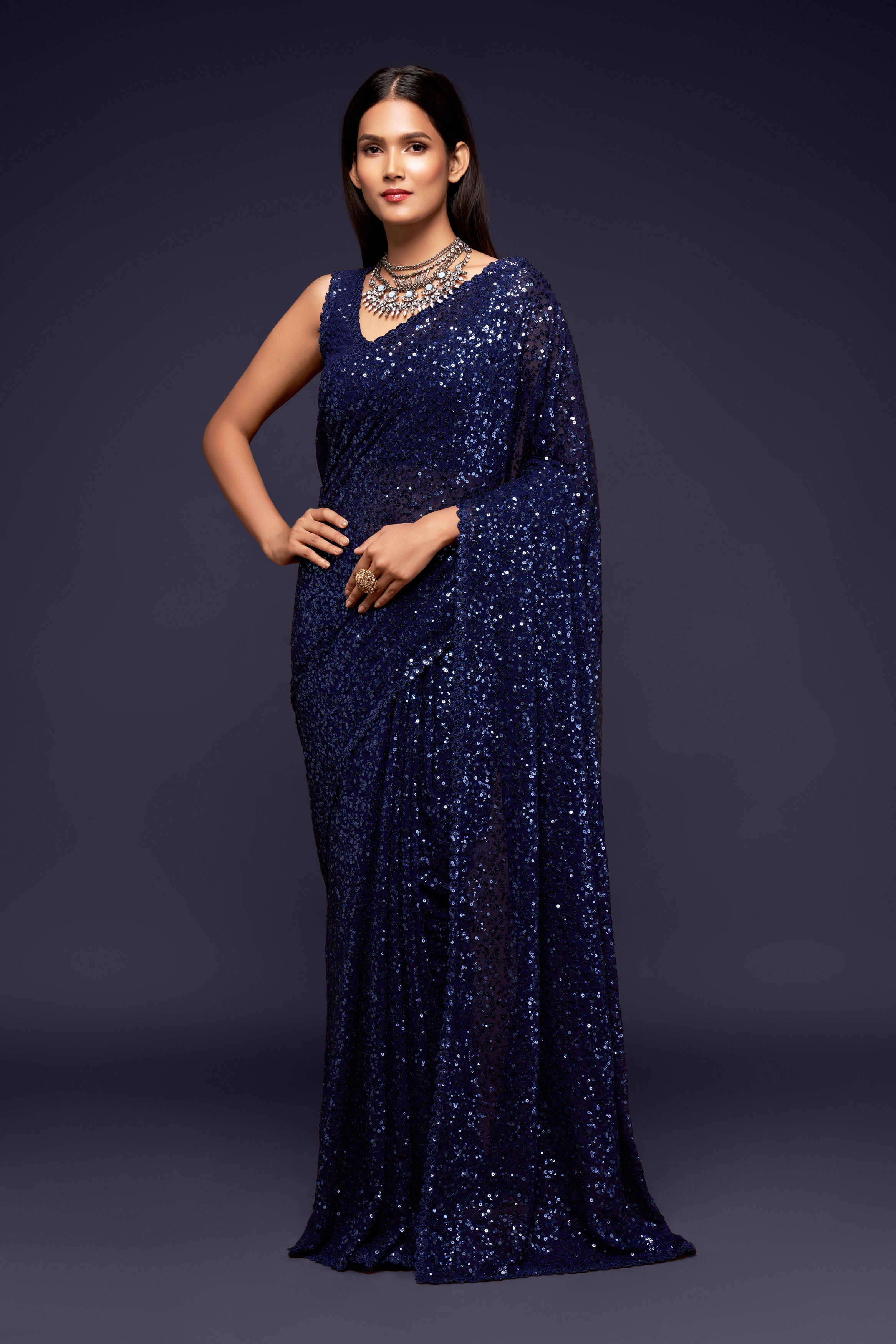 Navy Blue Color Pure Georgette Sequin work Saree - Sakina  Collection YF#18734 - YellowFashion.in by Ozone Shield