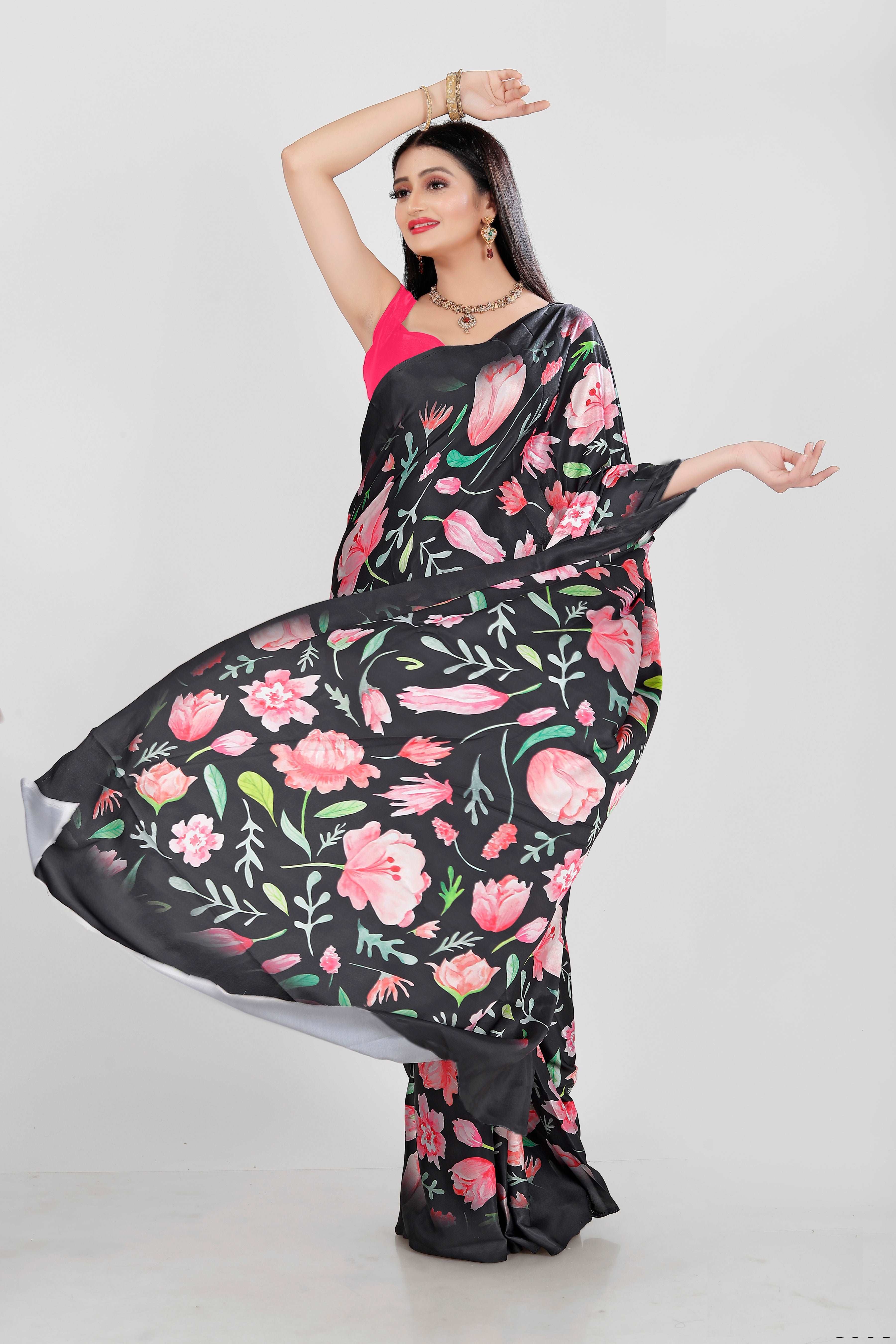Black and Pink Color Japan Satin Saree -Adhyay  Collection YF#20184