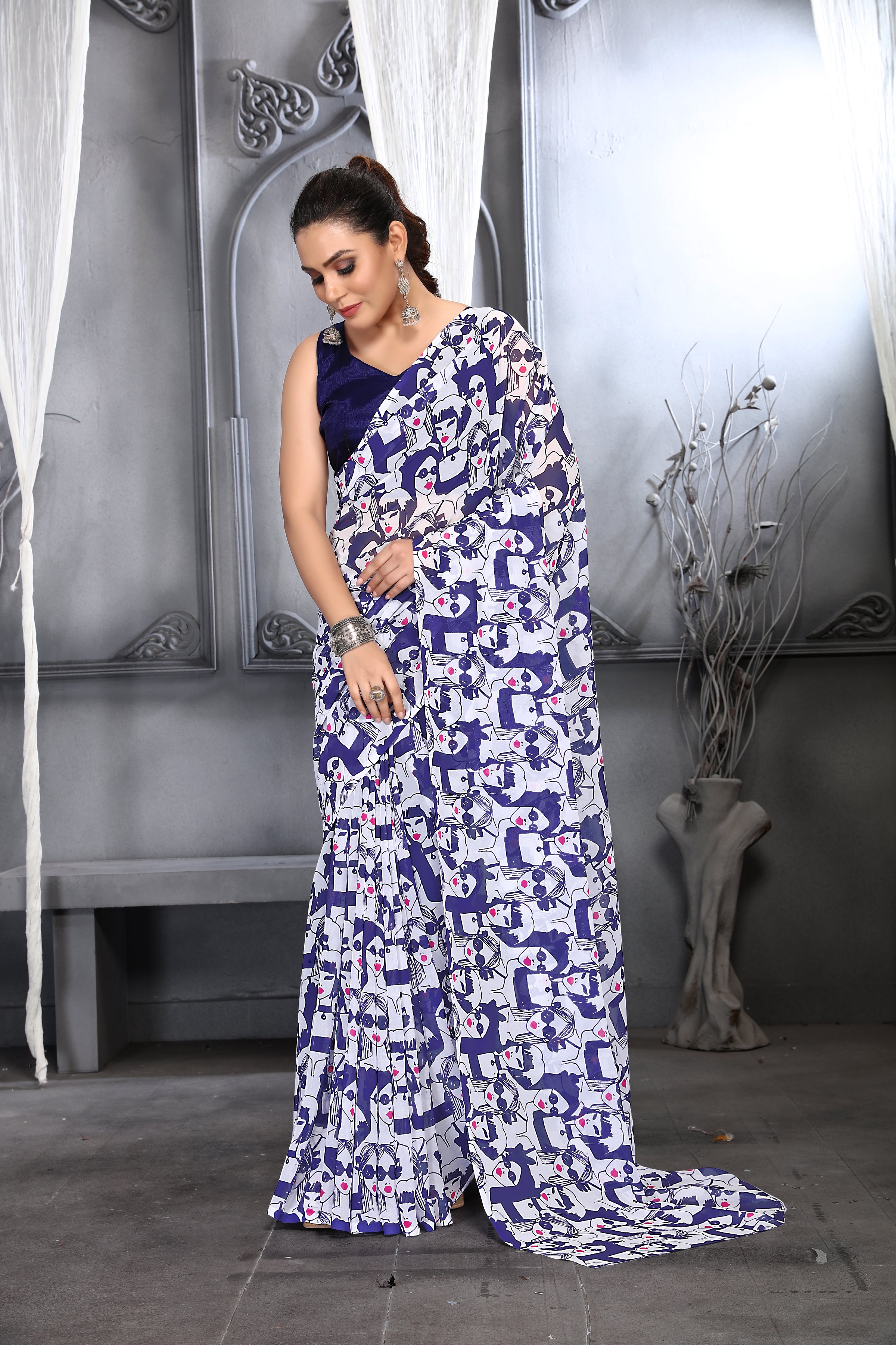 Navy Blue Color Georgette Saree  - Kreeva Collection YF#21316 - YellowFashion.in by Ozone Shield