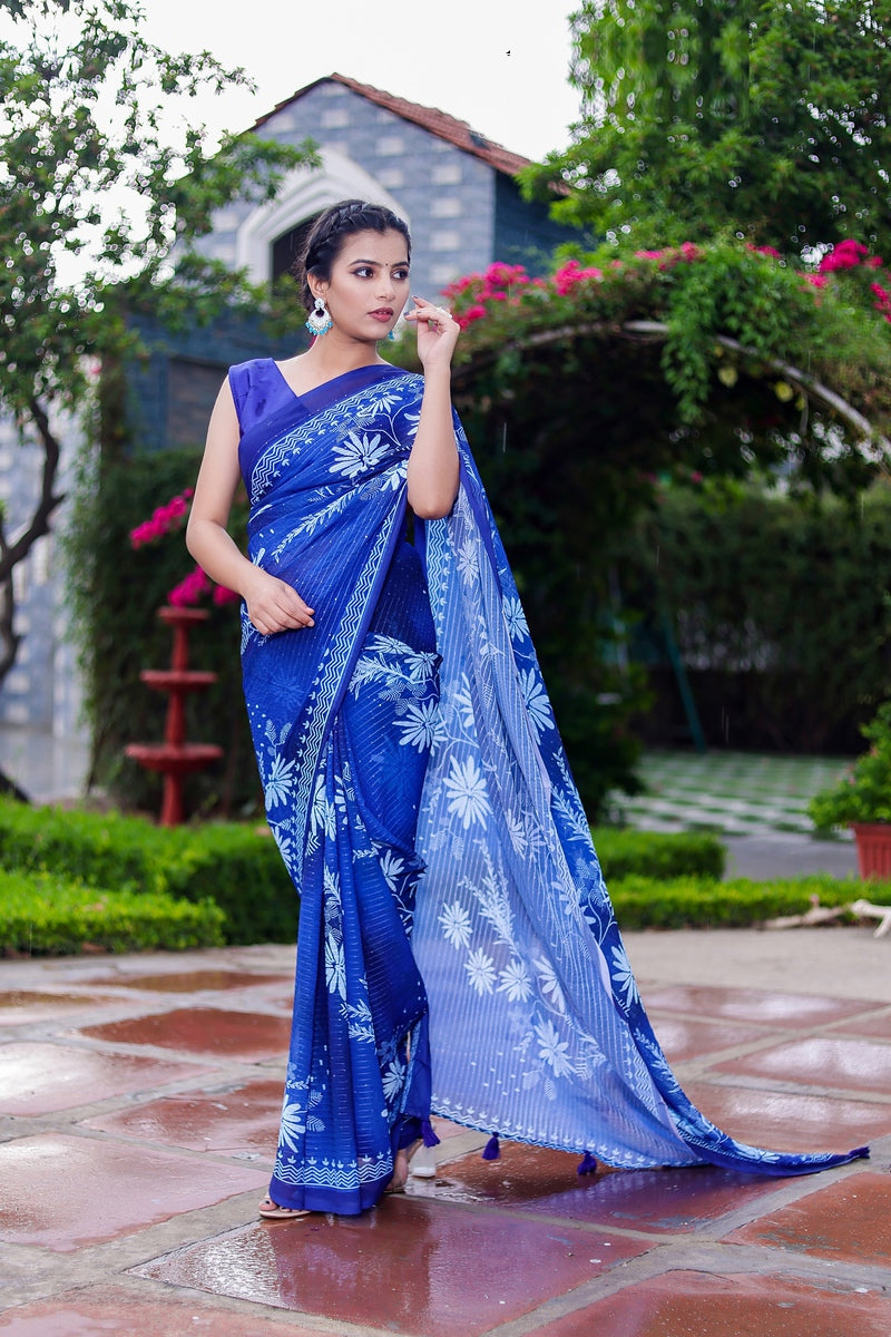 Royal Blue color soft Bandhej silk saree with khadi printed work – Ennayou  Clothing
