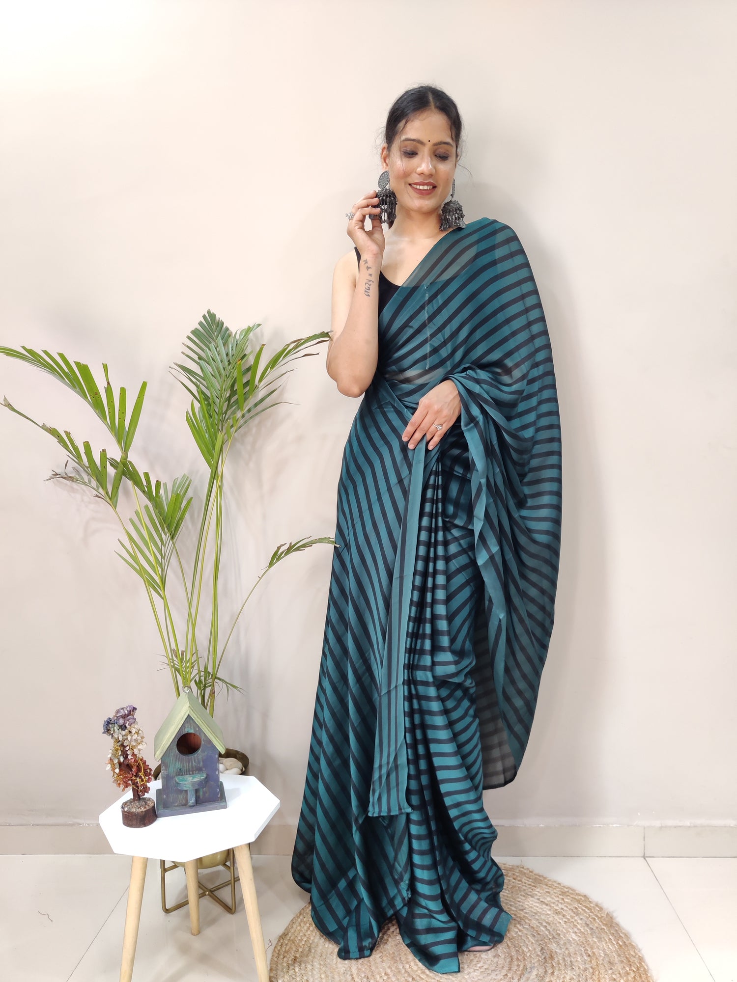 Teal Blue and Black Color Rangoli Silk Ready to Wear Saree  - Rashya  Collection YF#23627