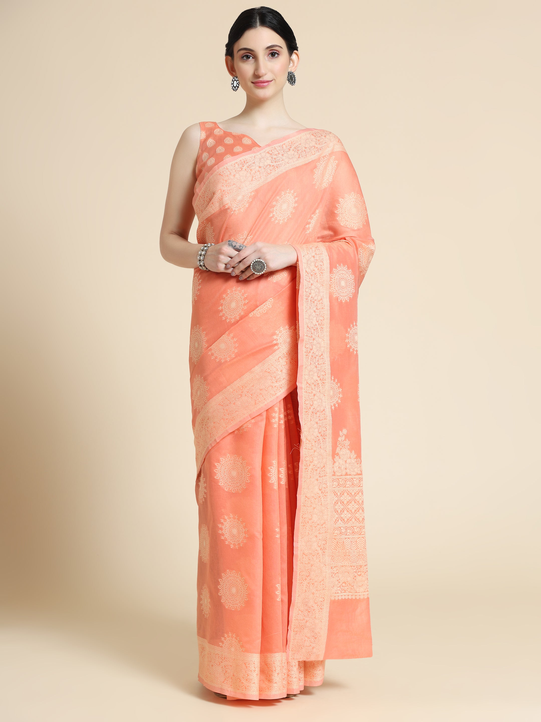 Peach Color Lucknowi Cotton Saree - Rasheeka  Collection YF#23029