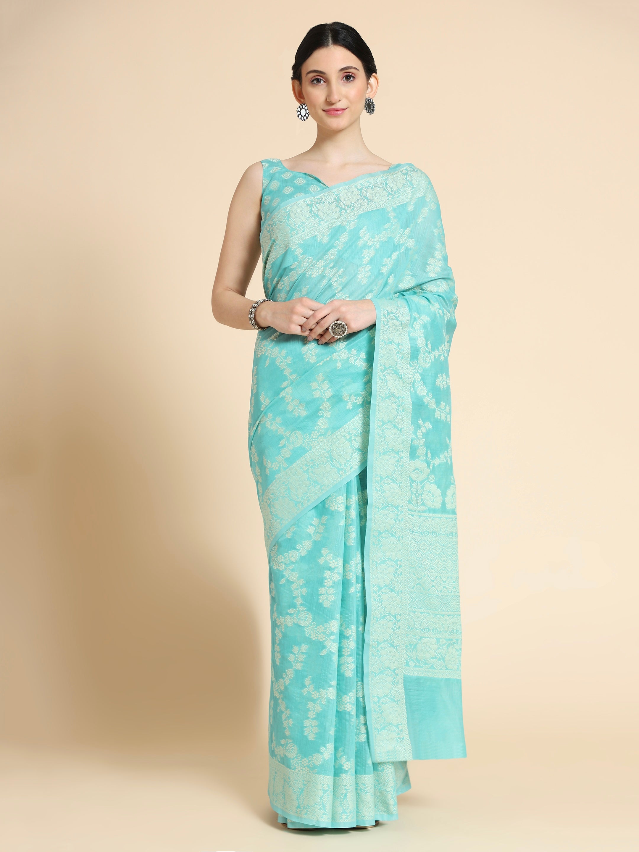 Turquoise Color Lucknowi Cotton Saree - Rasheeka  Collection YF#23031