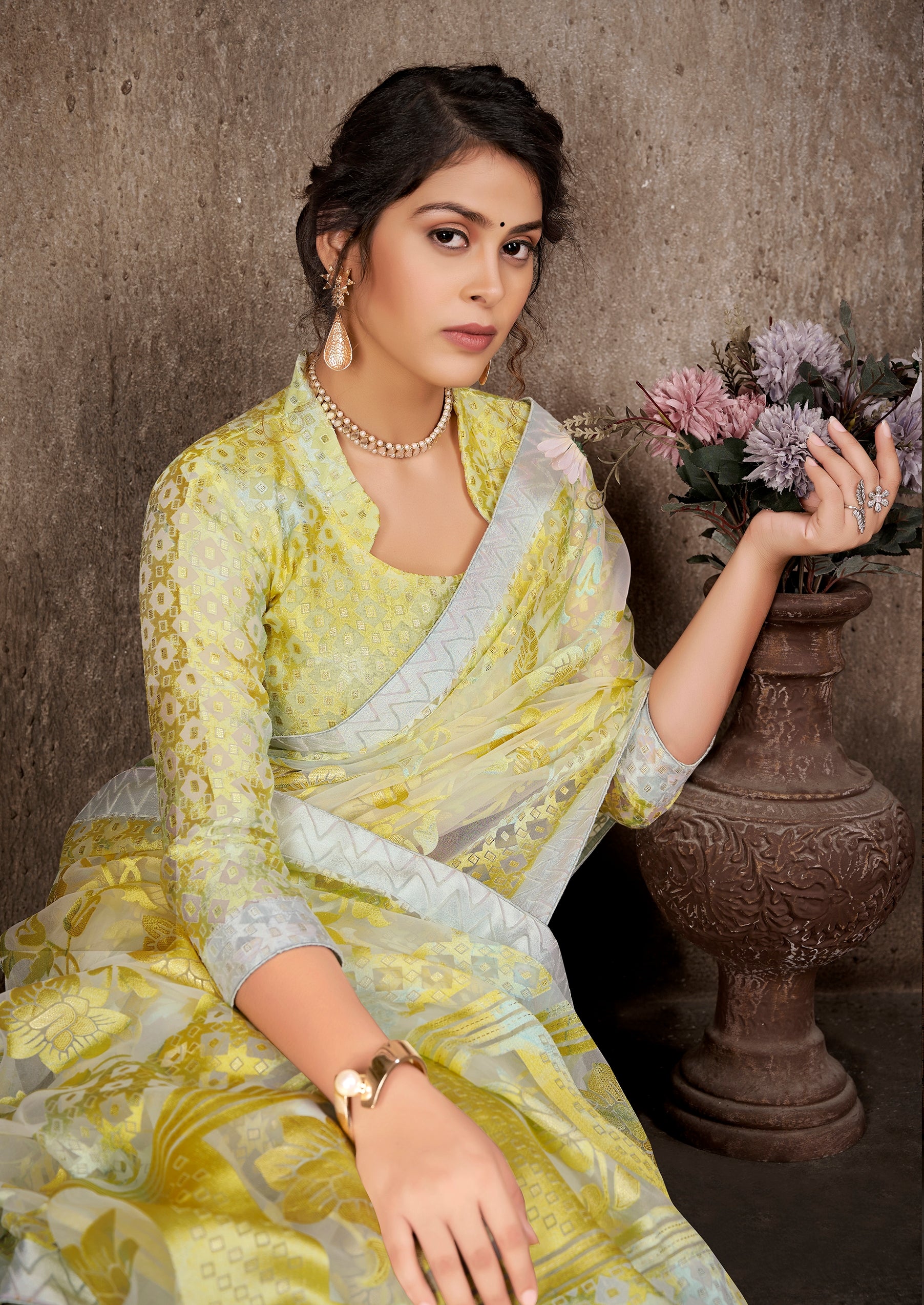 Off white and Yellow Color Organza Brasso Saree - Manike  Collection YF#22990