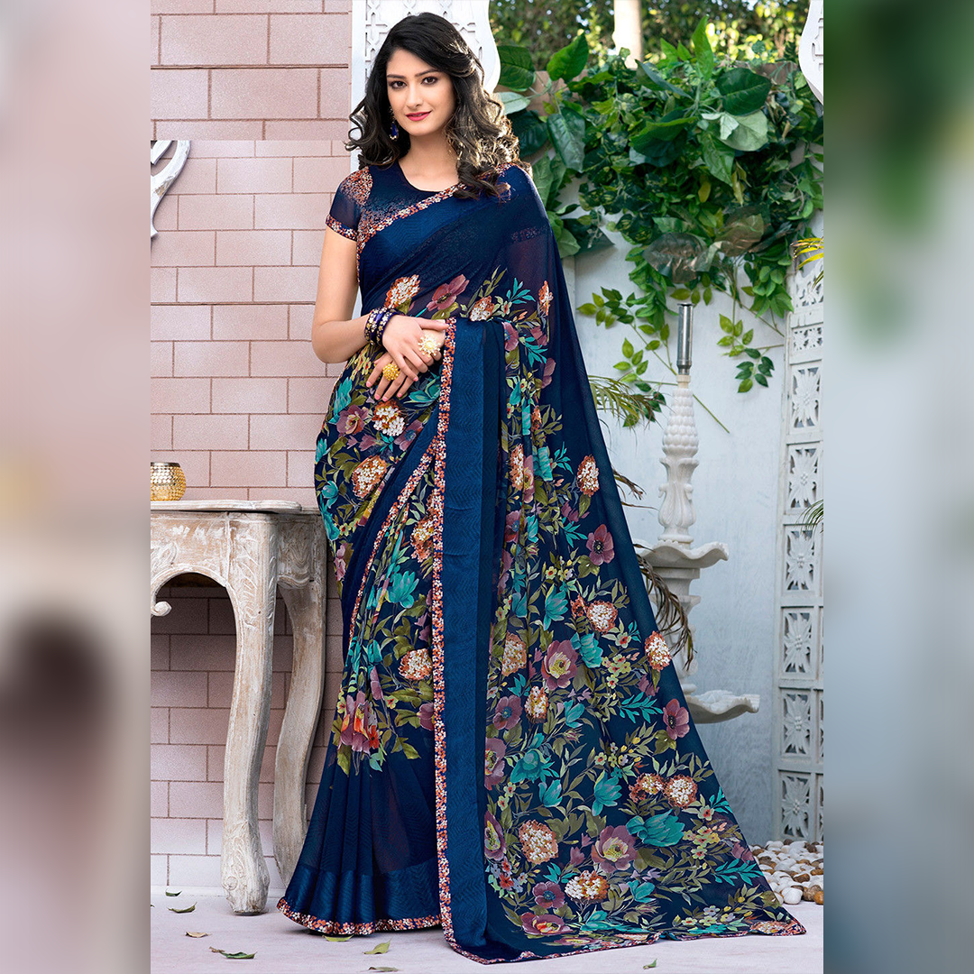 Navy Blue Color Georgette Kitty Party Saree -  Shargun Collection YF#12216