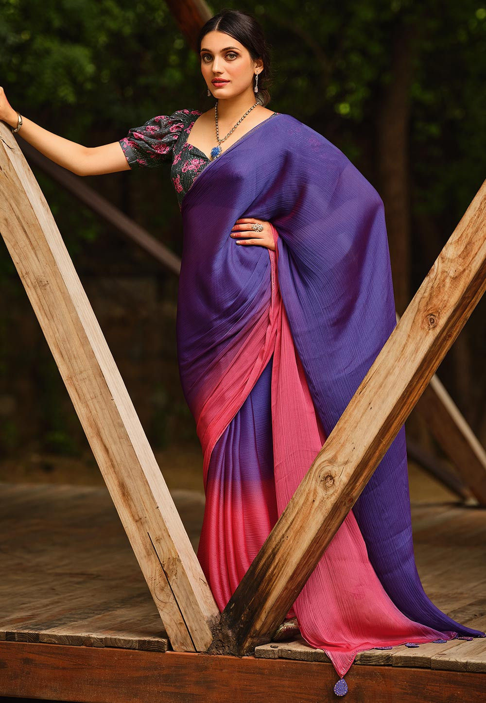 Violet and Pink Color Velvet chiffon Saree -  Ellina  Collection YF#18899 - YellowFashion.in by Ozone Shield